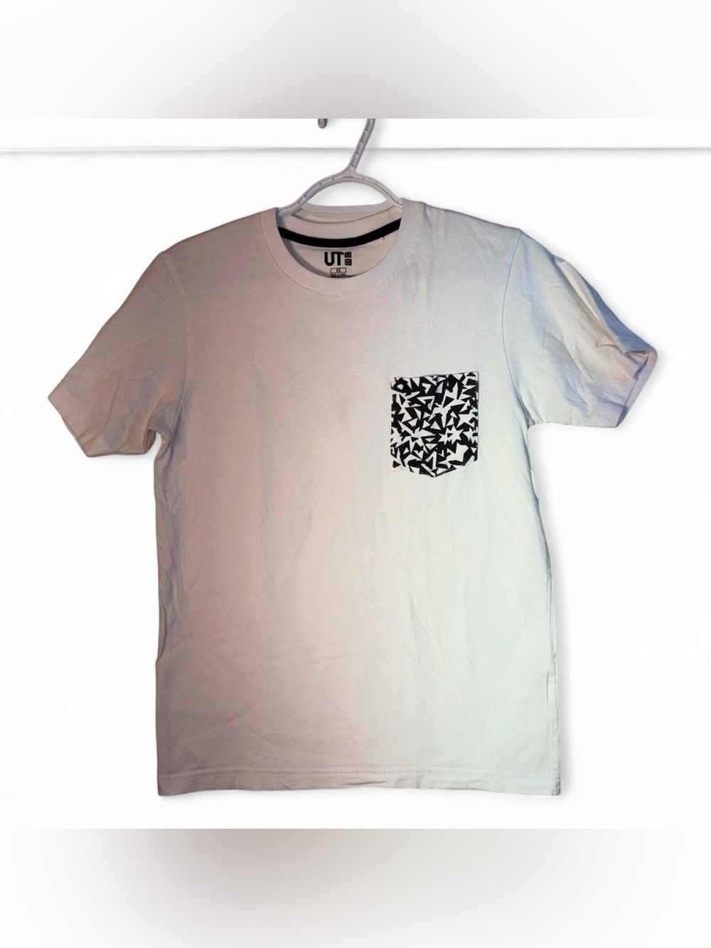 Uniqlo White Crewneck T-Shirt with Black Patterned Pocket
